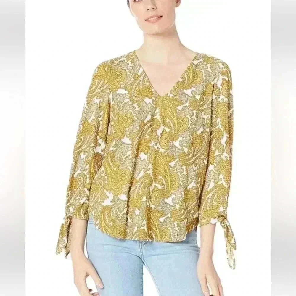 Michael Kors Paisley Seersucker Tie Sleeve Top 3/4 Sleeve Blouse Medium boho